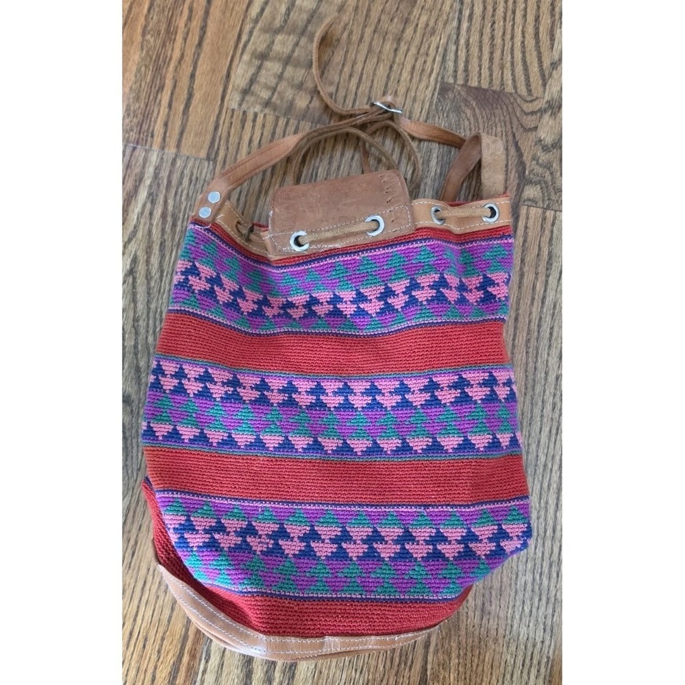 Boho Woven Leather Drawstring Bucket Crossbody Bag Colorful Hand Tooled Hippie - Picture 3 of 6